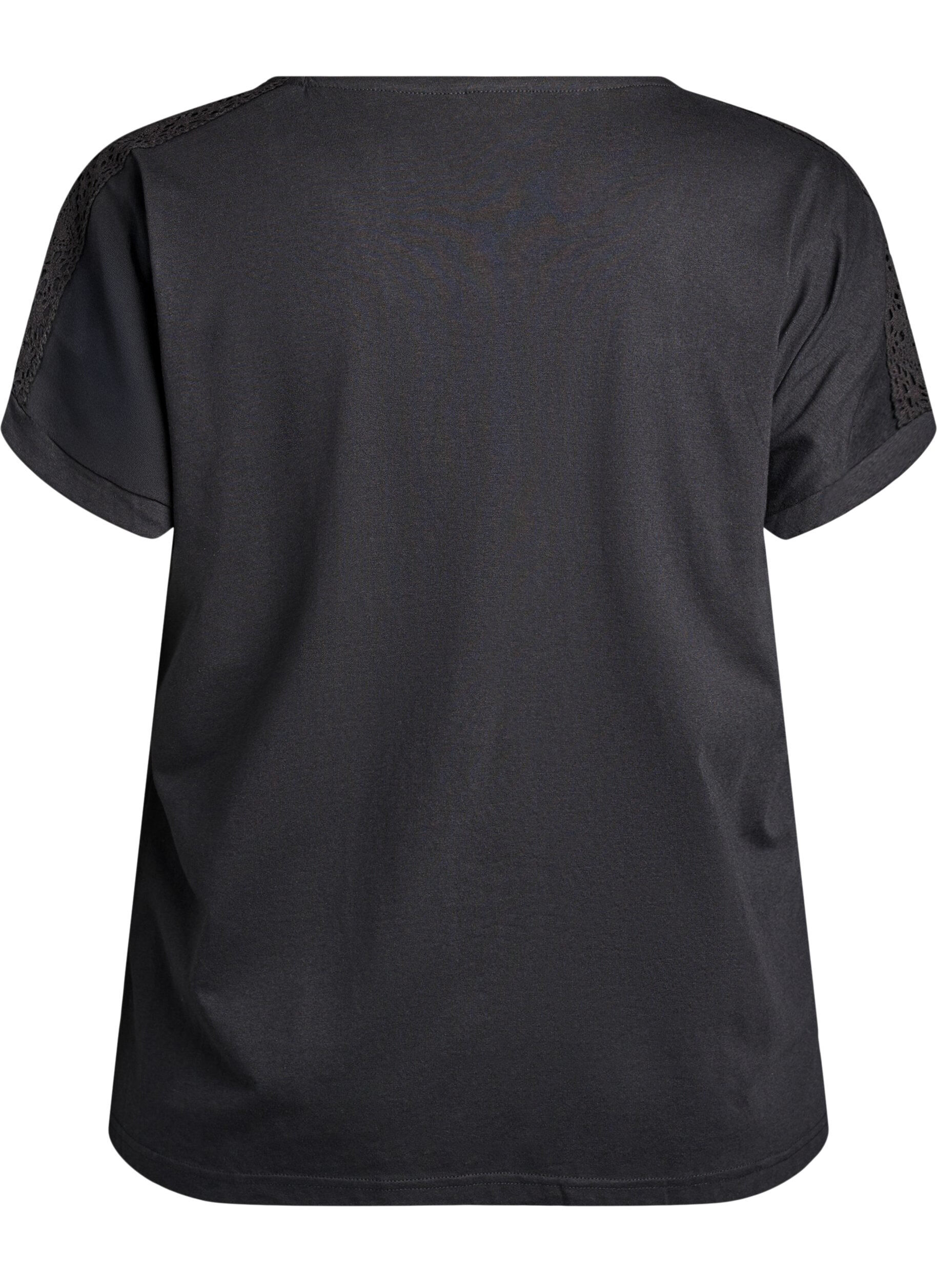 ZizzifashionCotton T-shirt with crochet detail, Black, Packshot image number 1