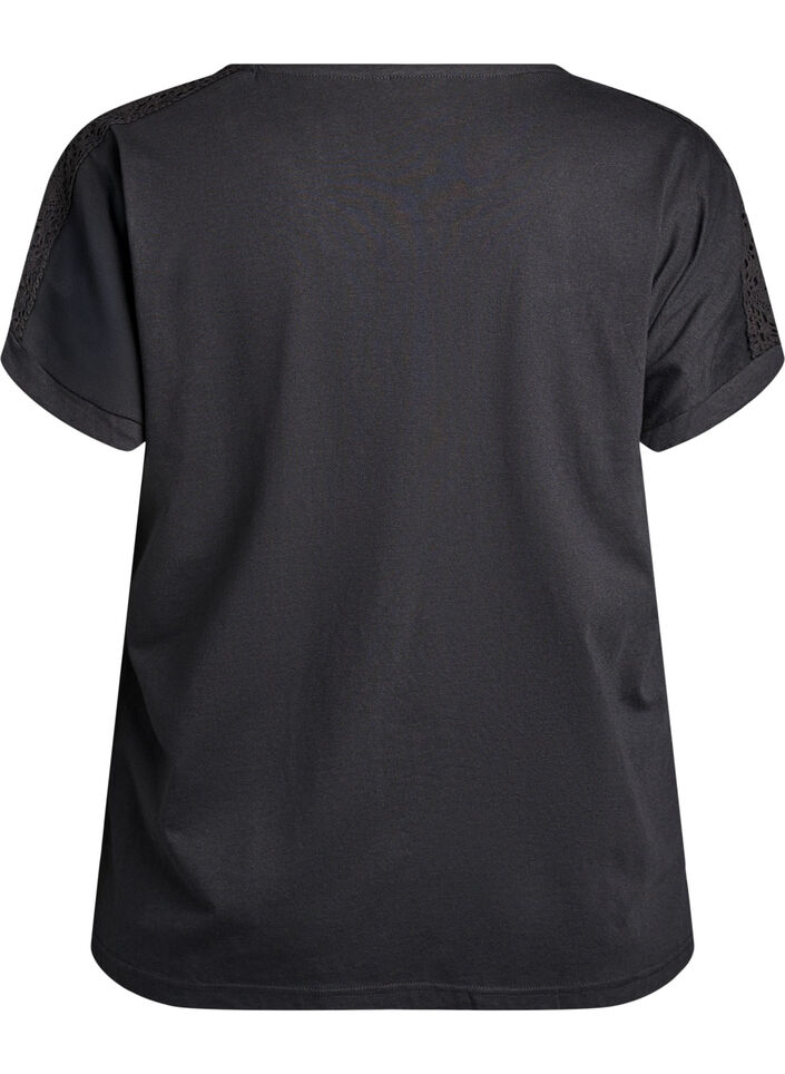 Cotton T-shirt with crochet detail, Black, Packshot image number 1