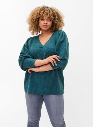 Melange knitted jumper with puff sleeves and v-neck, Ponderosa Pine Mel., Model image number 0
