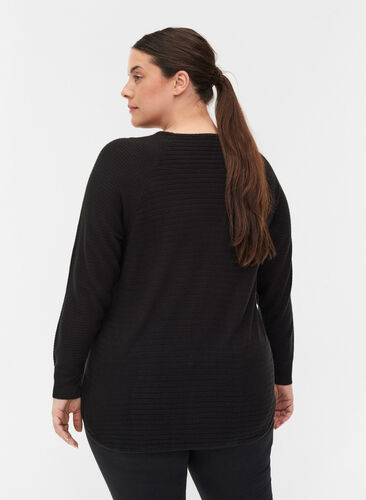 Knit blouse with texture and round neckline, Black, Model image number 1