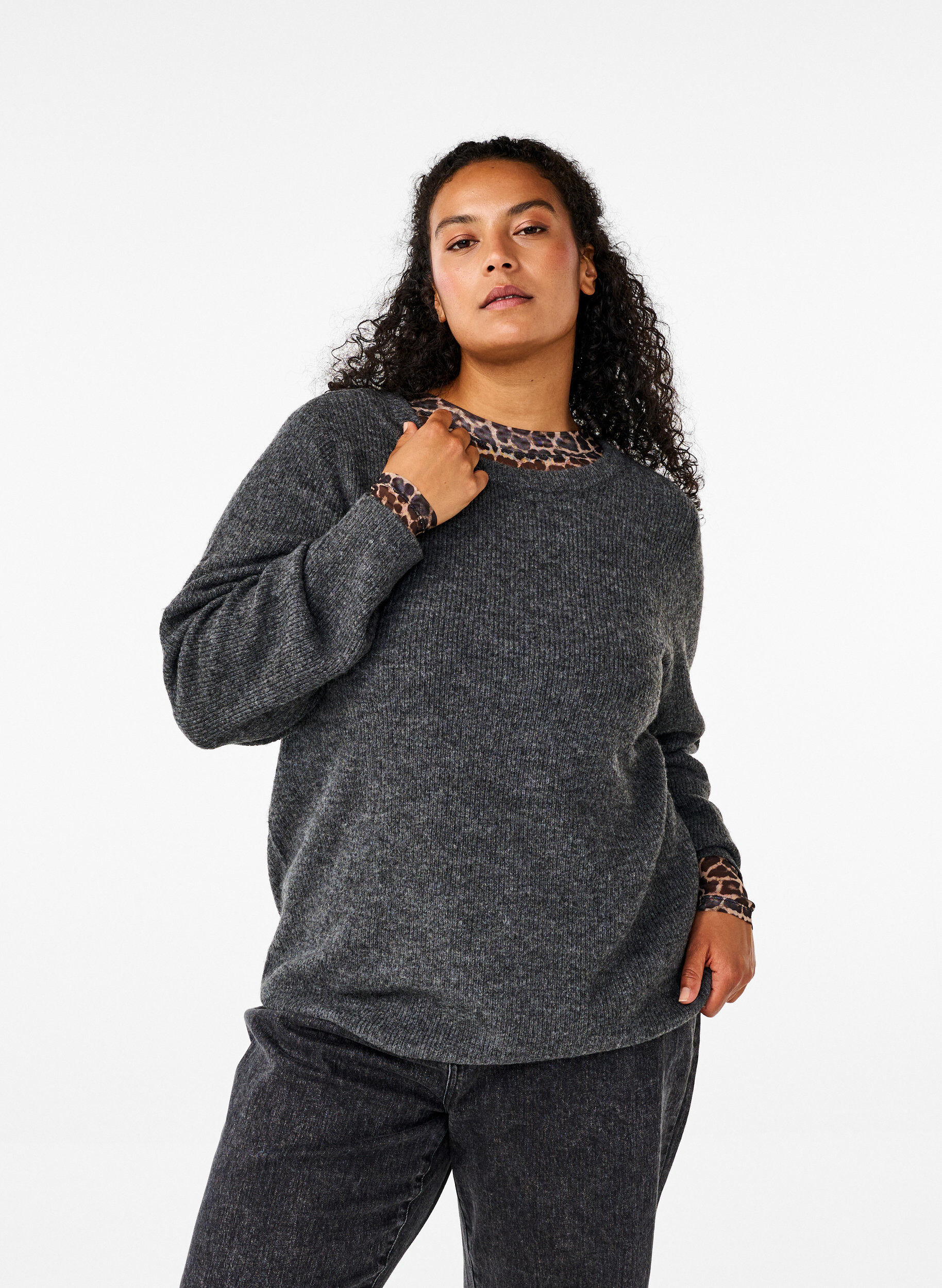 Zizzifashion Melange sweater with round neck, Dark Grey Black Mel., Model image number 0