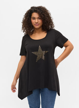 Short-sleeved cotton t-shirt with a-line, Black w. Gold Star, Model image number 0
