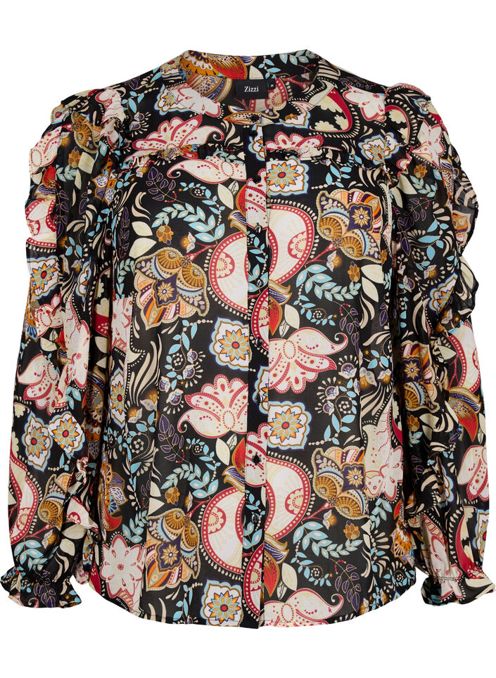 Shirt blouse with ruffles and paisley print, Black Paisley, Packshot image number 0