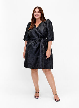 Short wrap dress with 3/4 sleeves, Black, Model image number 2