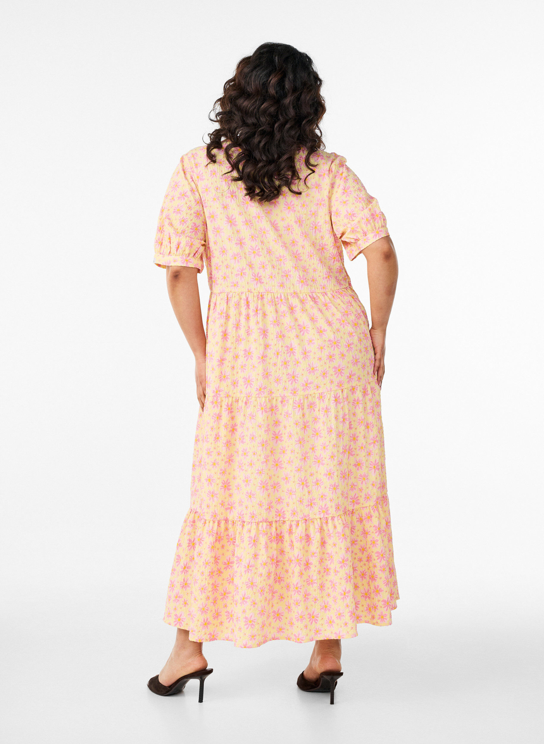 ZizzifashionAnkle-length dress with short sleeves and tiered ruffles, Yellow, Model image number 1