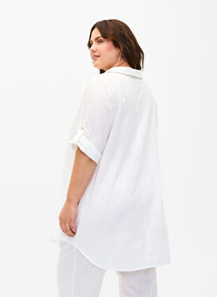 Short-sleeved cotton blend tunic with linen, Bright White, Model image number 1