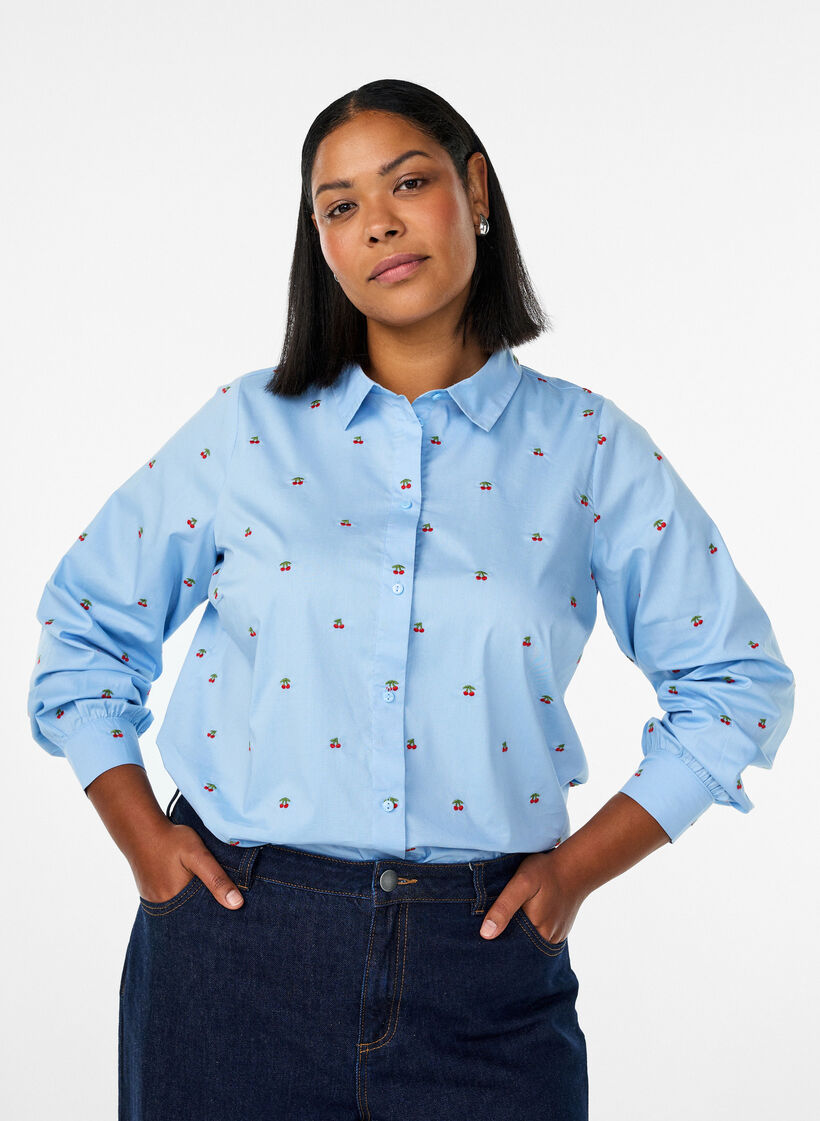 Shirt with embroidered cherries, Light Blue, Model image number 0