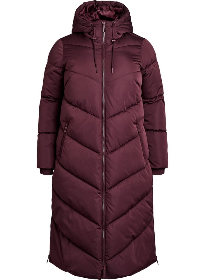 Long puffer coat with hood and pockets, Dark Bordeaux, Packshot image number 0