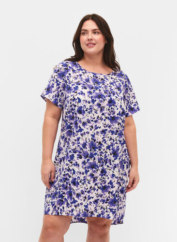 Dress with print and short sleeves, Purple Small Flower, Model image number 0