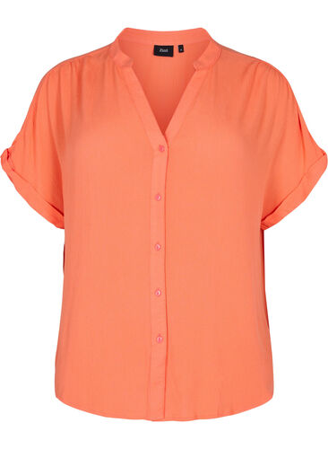 Short-sleeved viscose shirt with v-neck, Living Coral, Packshot image number 0