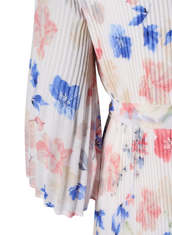 Floral pleated dress with drawstring, White/Blue Floral, Packshot image number 3