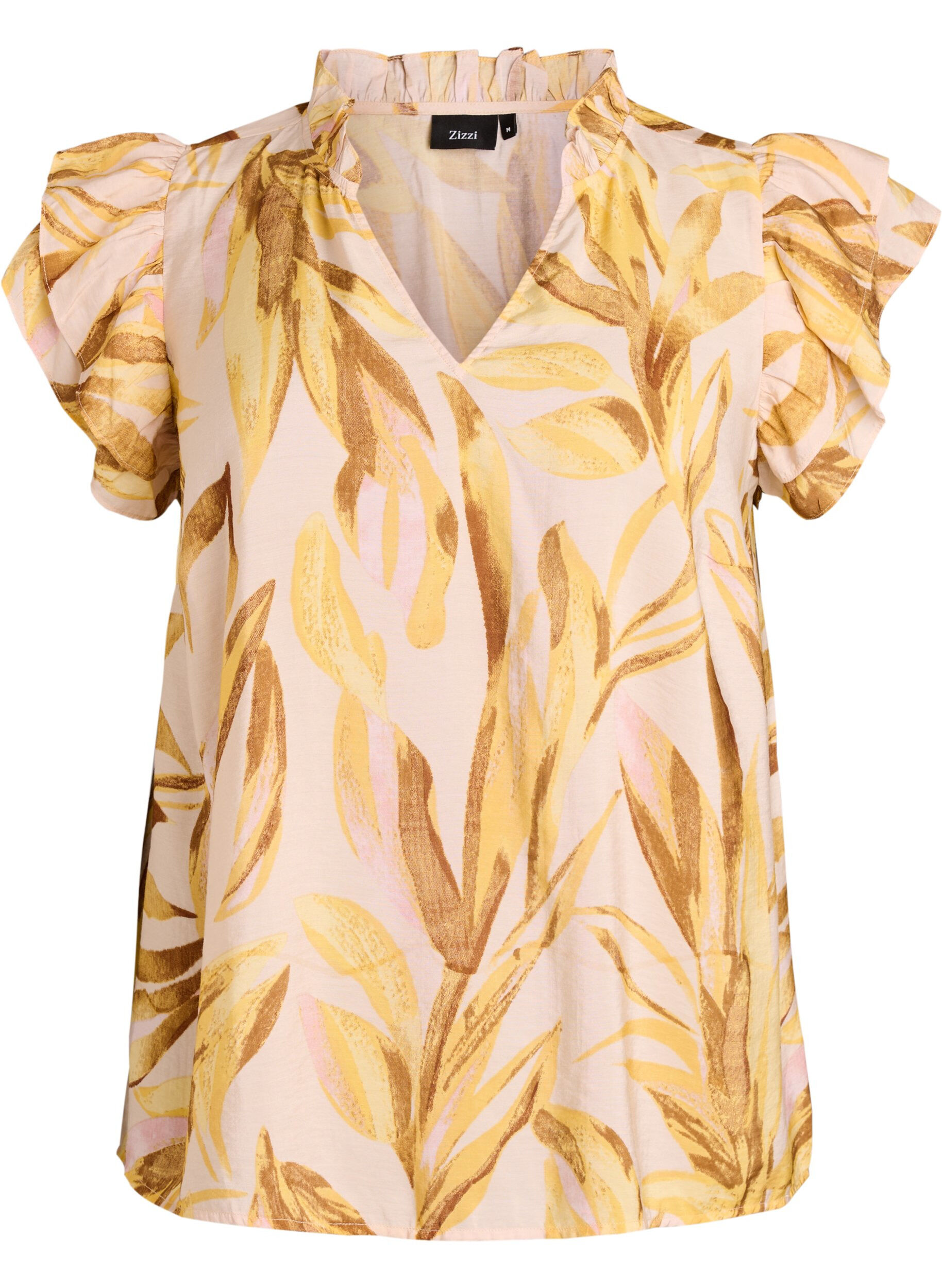 Viscose blouse with leaf print and ruffle details