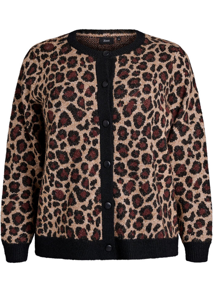Cardigan with leopard pattern and contrast trim, Black, Packshot image number 0