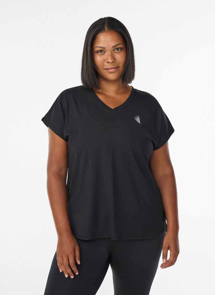 Short sleeve sport t-shirt with v-neck, Black, Model