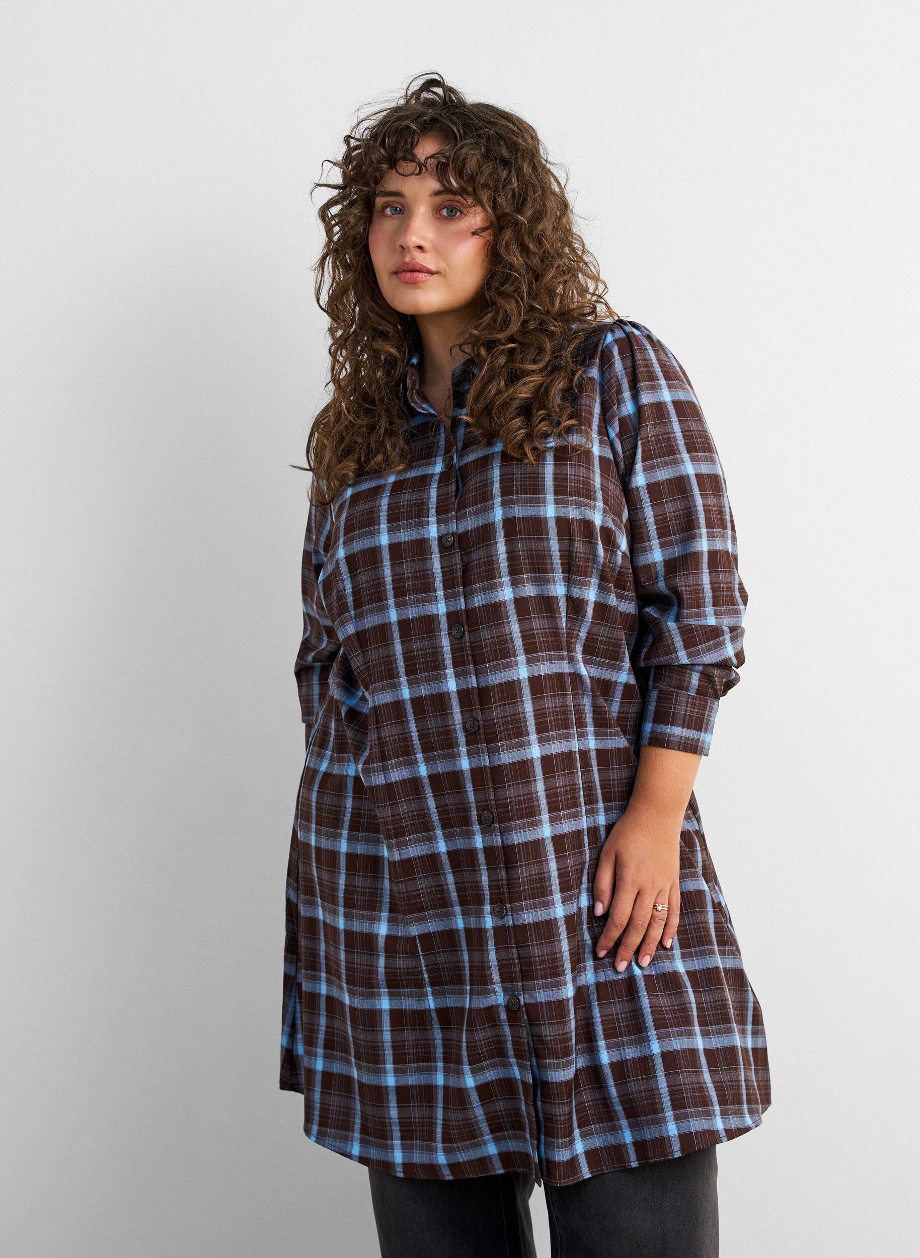 ZizzifashionKnee-length shirt dress with a checked pattern, Brown, Model image number 0