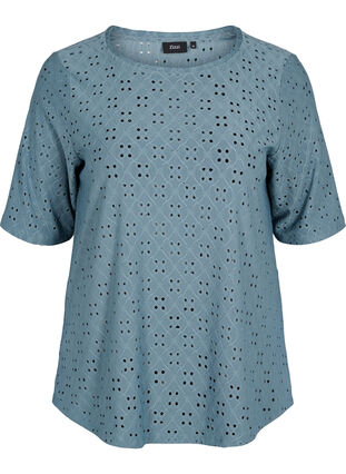 Blouse with Broderie Anglaise and 2/4 Sleeves, Goblin Blue, Packshot image number 0