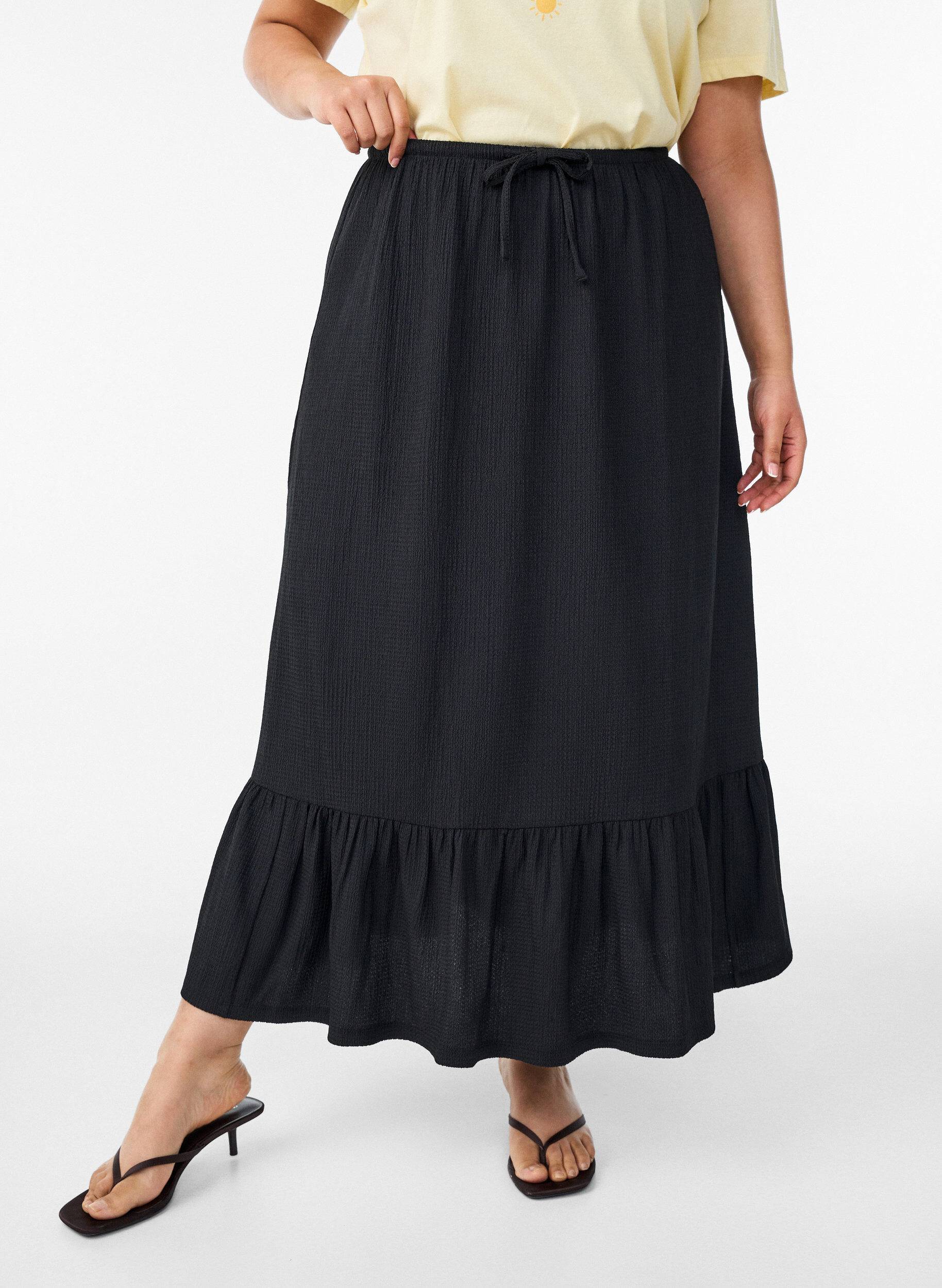 ZizzifashionLong skirt with tie belt and ruffle hem, Black, Model image number 2
