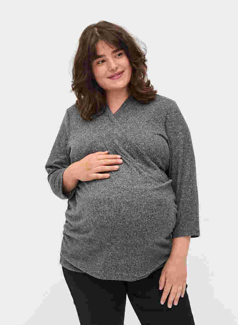 Maternity blouse with 3/4 sleeves and V-neck, Dark Grey Melange, Model