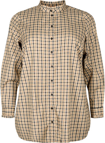 Checked shirt blouse with ruffles, Brown Check, Packshot image number 0