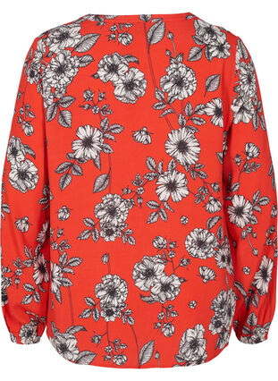 Long-sleeved floral viscose blouse, Fiery Red Flower AOP, Packshot image number 1