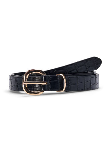 Faux leather belt with crocodile pattern, Black, Packshot image number 0