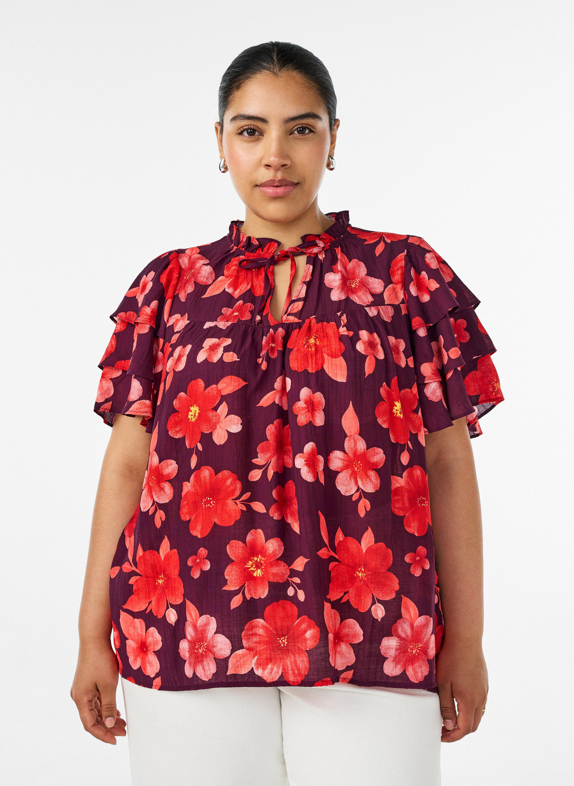 ZizzifashionFloral viscose blouse with ruffle sleeves, Purple, Model image number 0