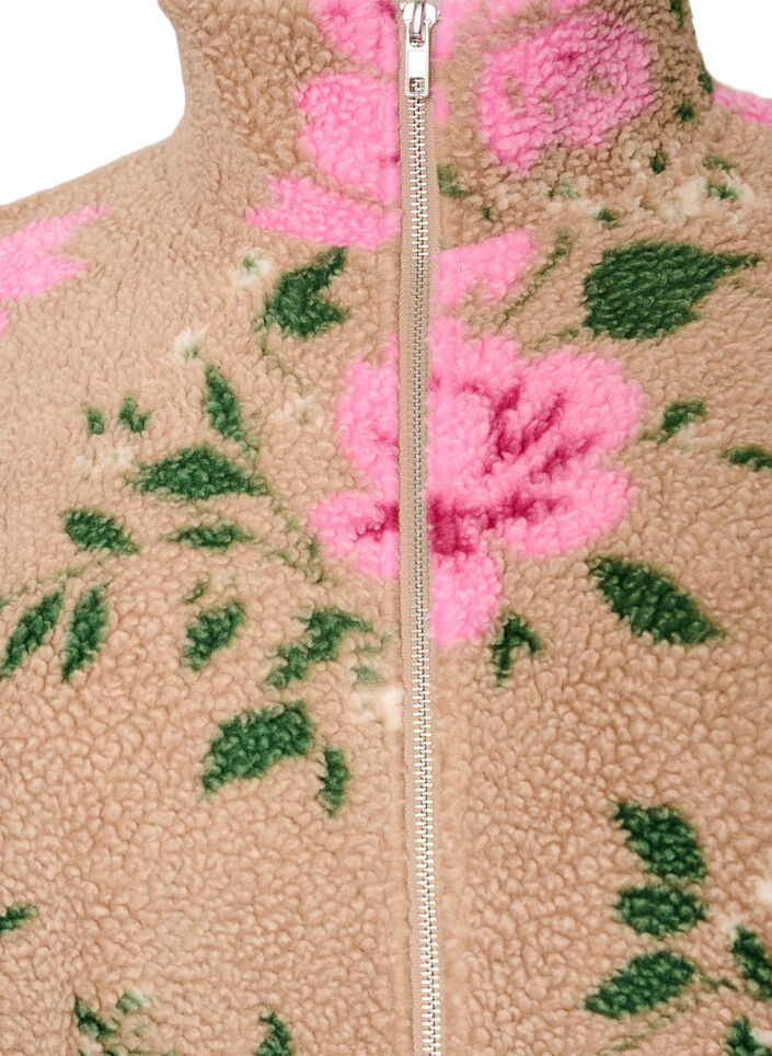 Floral fleece jacket with a high neck and zip, Beige, Packshot image number 2