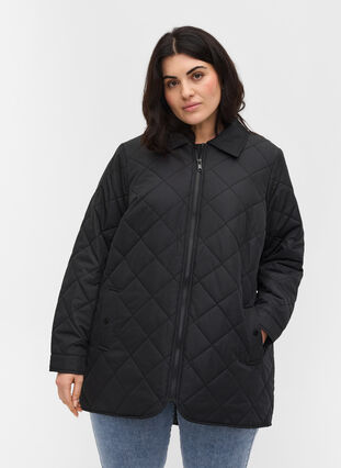 Short quilted jacket with collar, Black, Model image number 0