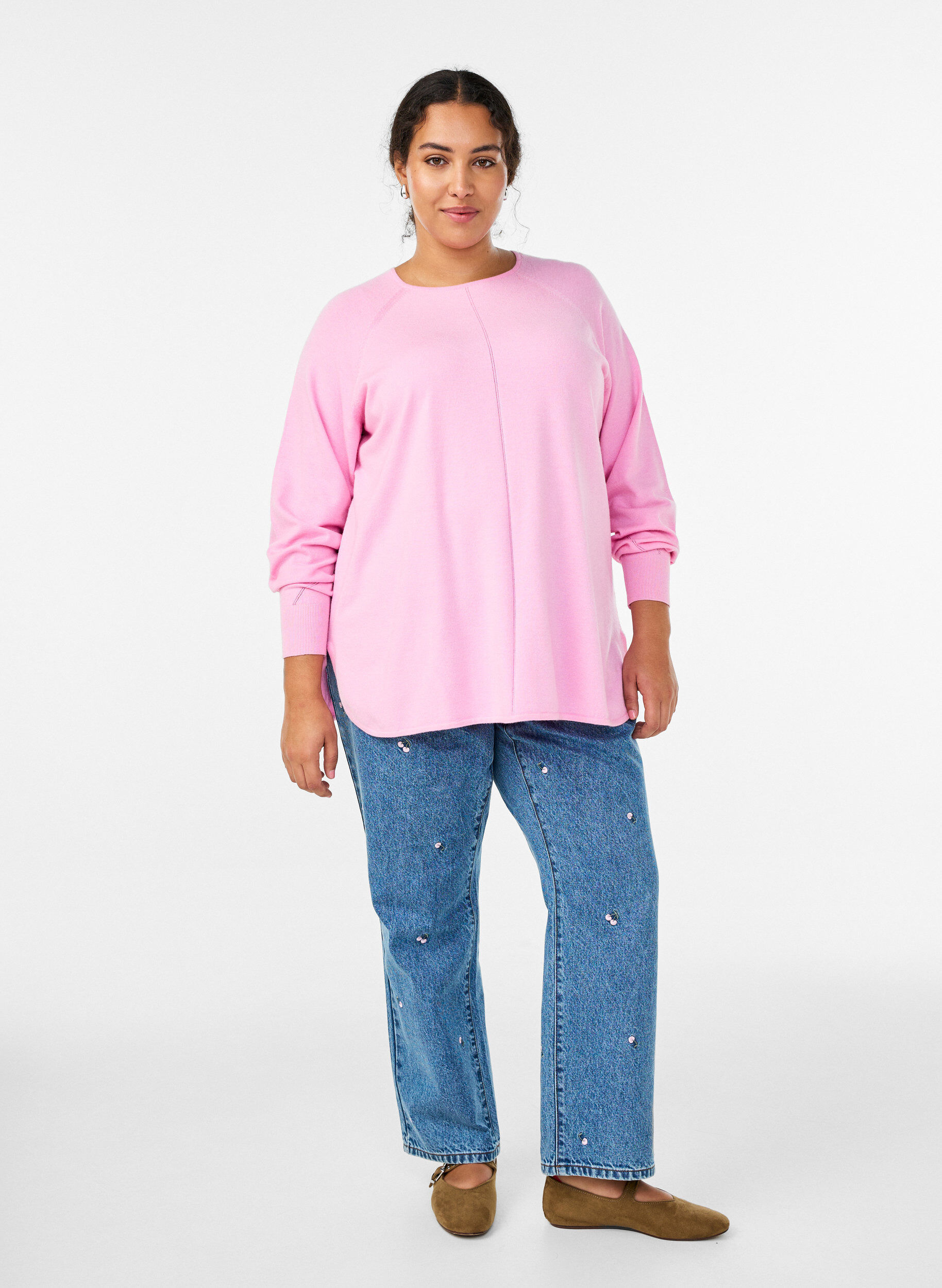 ZizzifashionKnit blouse with round neck and knitted pattern, Pink, Model image number 1