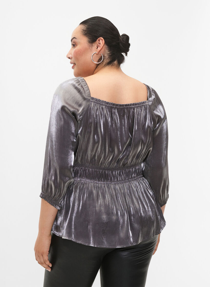 Silver-colored blouse with 3/4 sleeves and smock, Dark Silver, Model image number 1