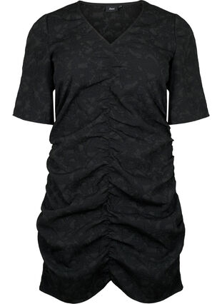 Short-sleeved dress with textured fabric and drapes, Black, Packshot image number 0