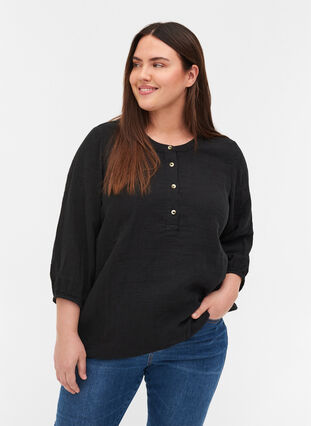 Cotton blouse with buttons and 3/4 sleeves, Black, Model image number 0