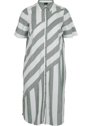 Short-sleeved cotton shirt dress with stripes, Thyme Stripe, Packshot image number 0