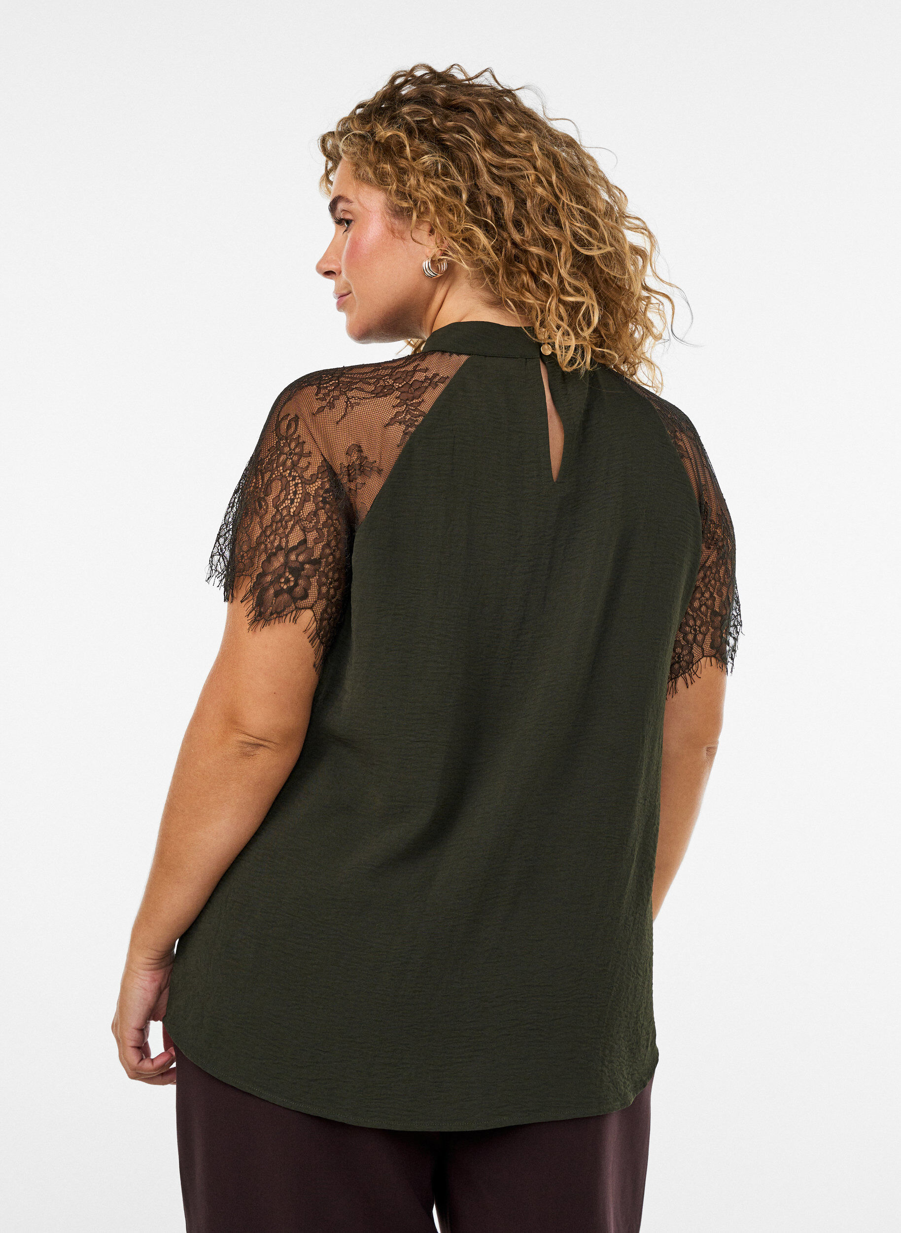 ZizzifashionBlouse with short lace sleeves and high neck, Green, Model image number 2