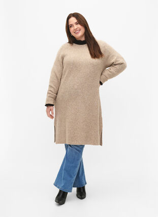 Rib-knit dress with slit, Simply Taupe Mel., Model image number 2