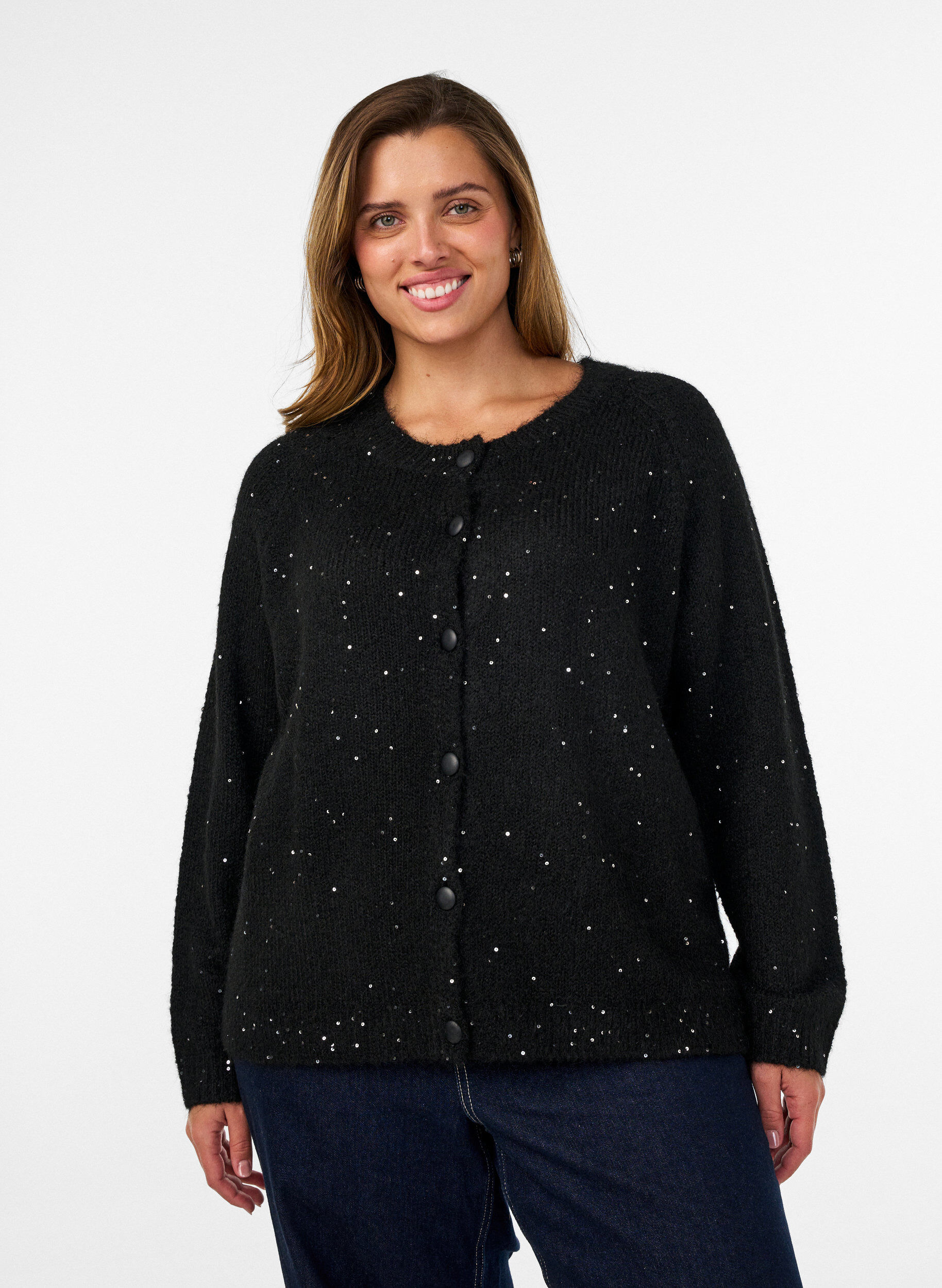 Cardigan with sequins and buttons, Black, Model