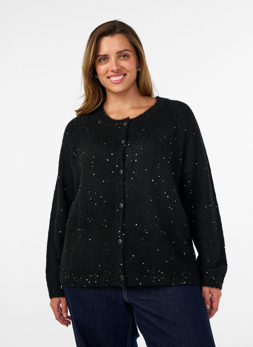 Cardigan with sequins and buttons, Black, Model image number 0