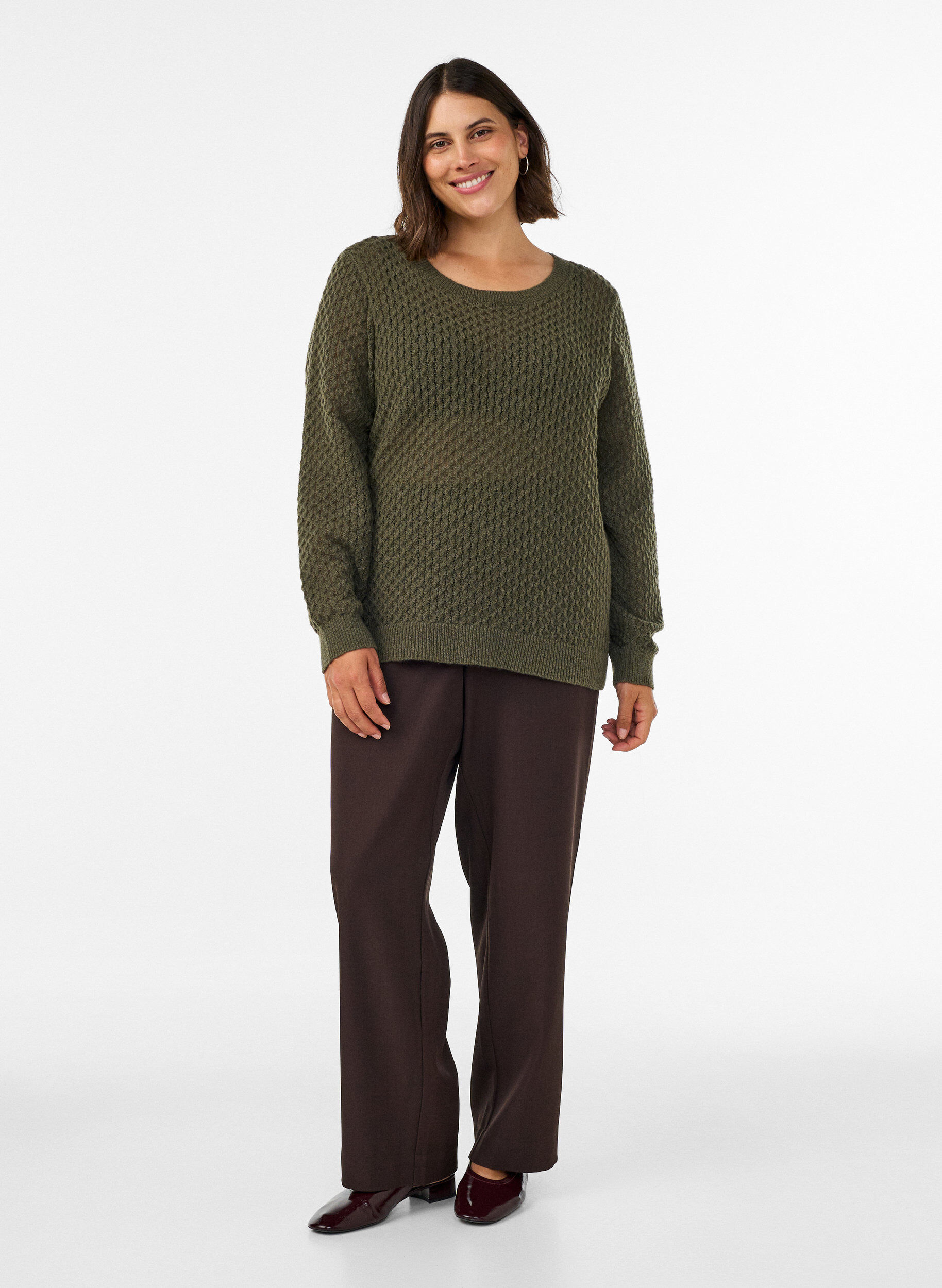 ZizzifashionKnitted blouse with a textured openwork pattern, Green, Model image number 1