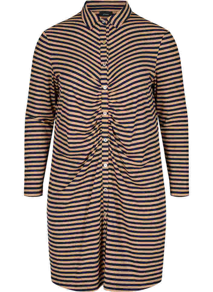 Striped, viscose rib dress with button fastening, Blue Camel Stripe, Packshot image number 0
