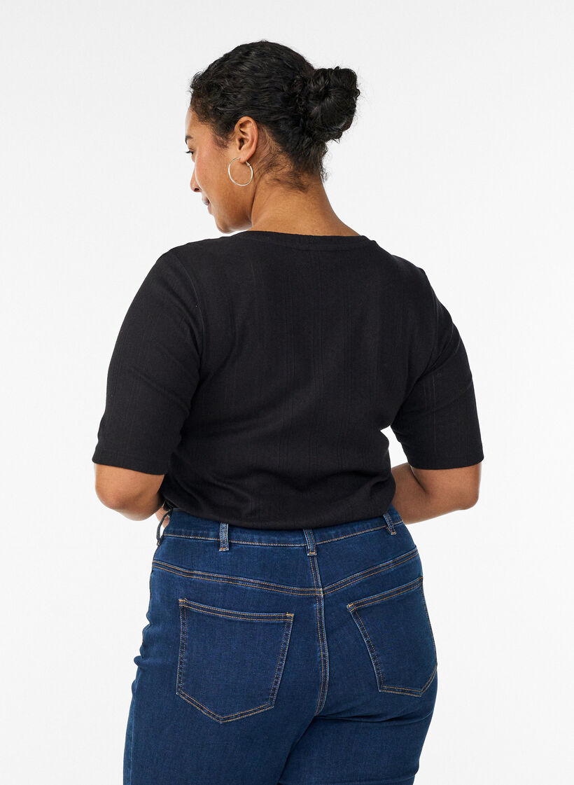 Cotton T-shirt with eyelet embroidery, Black, Model image number 2