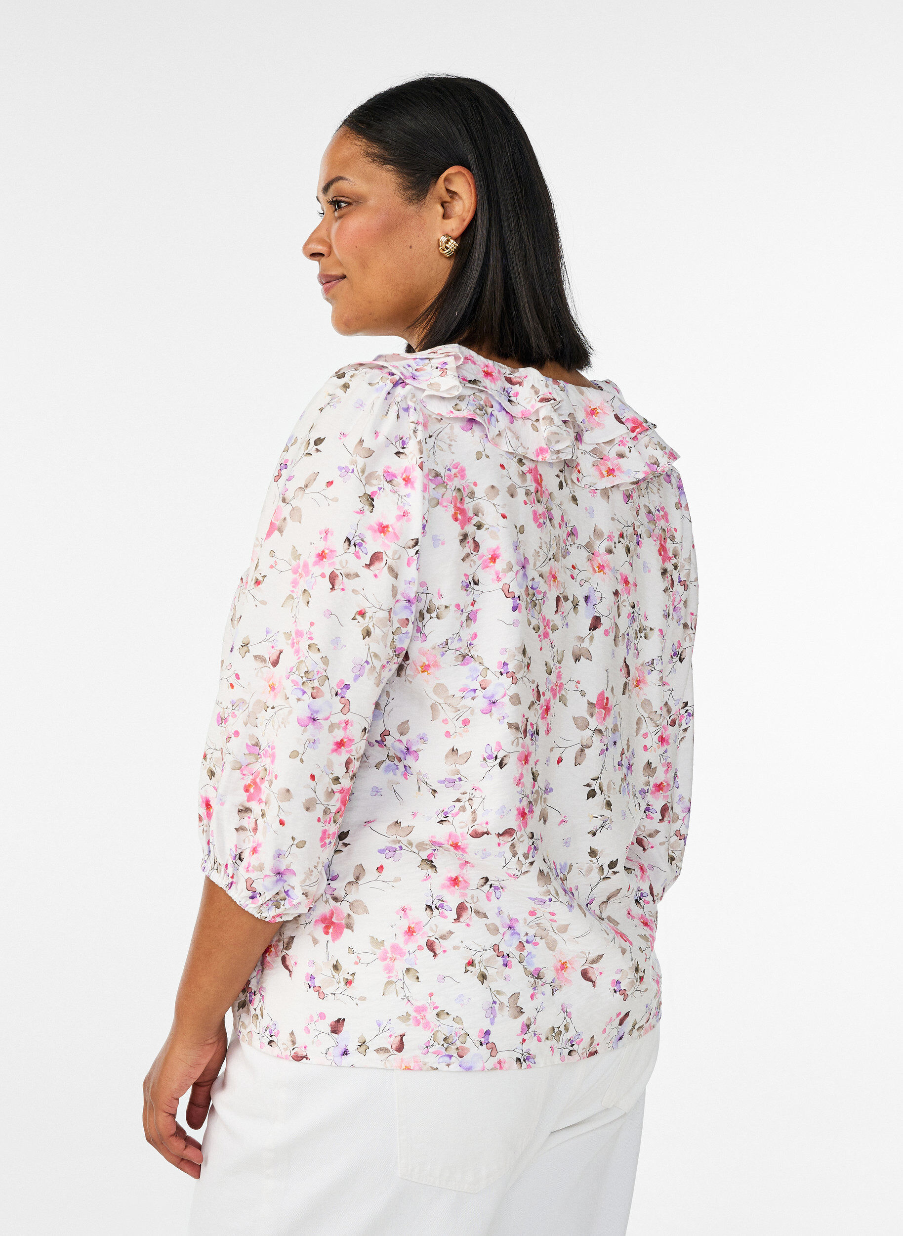 ZizzifashionViscose blouse with floral print and 3/4 sleeves, Vanilla, Model image number 2