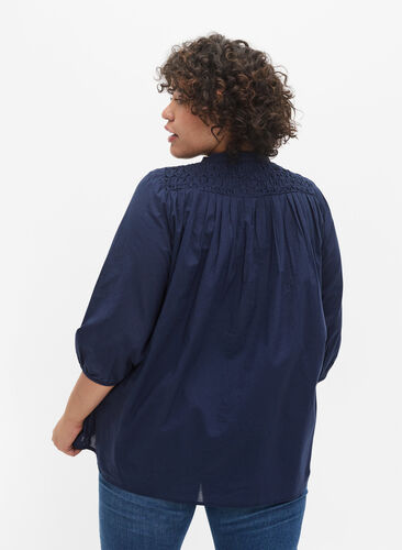 Cotton blouse with 3/4 sleeves and smock, Navy Blazer, Model image number 1