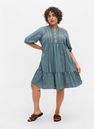 Striped viscose dress with lace ribbons, Goblin Blue, Model image number 2
