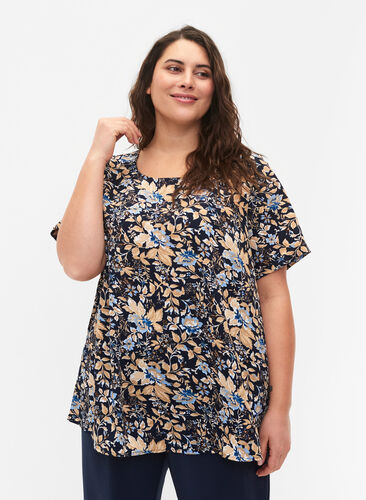 FLASH - Blouse with short sleeves and print, Brown Blue Flower, Model image number 0