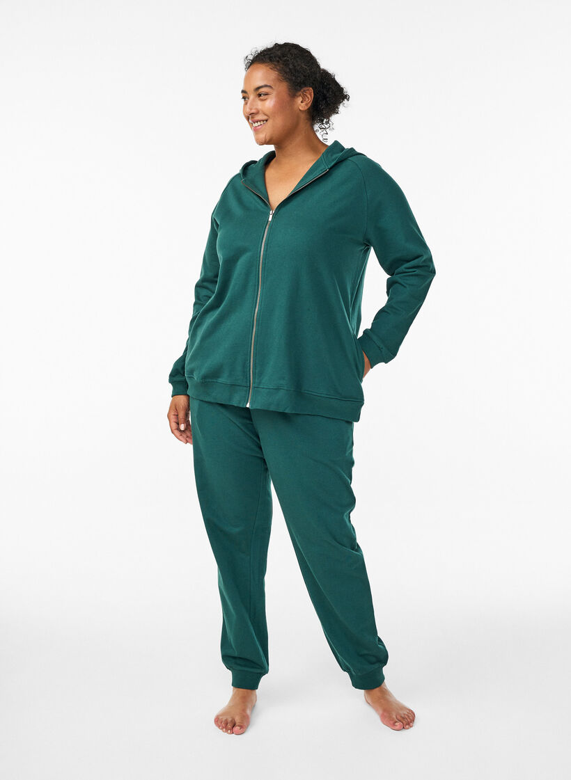 Hoodie with zipper and back print, Green, Model image number 1