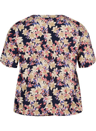 Short-sleeved floral viscose blouse with smock, Night sky Flower AOP, Packshot image number 1
