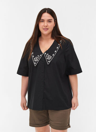 Short-sleeved shirt in cotton with a large collar, Black w. White, Model image number 0