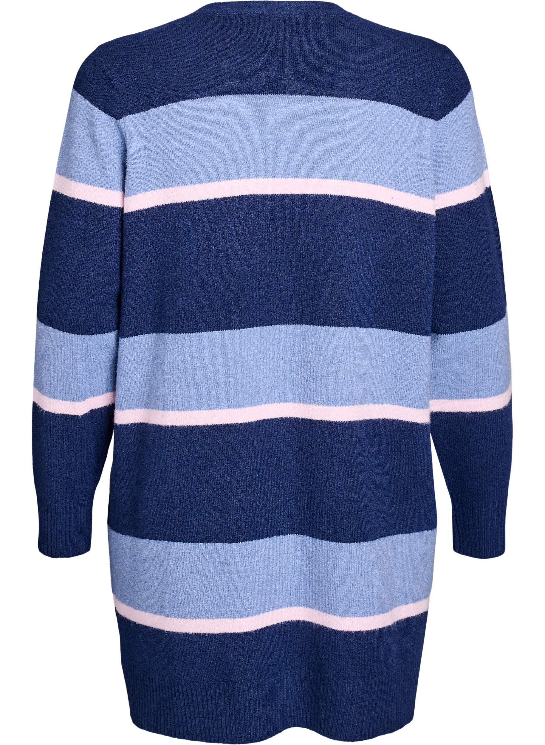 Zizzifashion Long knit cardigan with wide stripes, Blue, Packshot image number 1