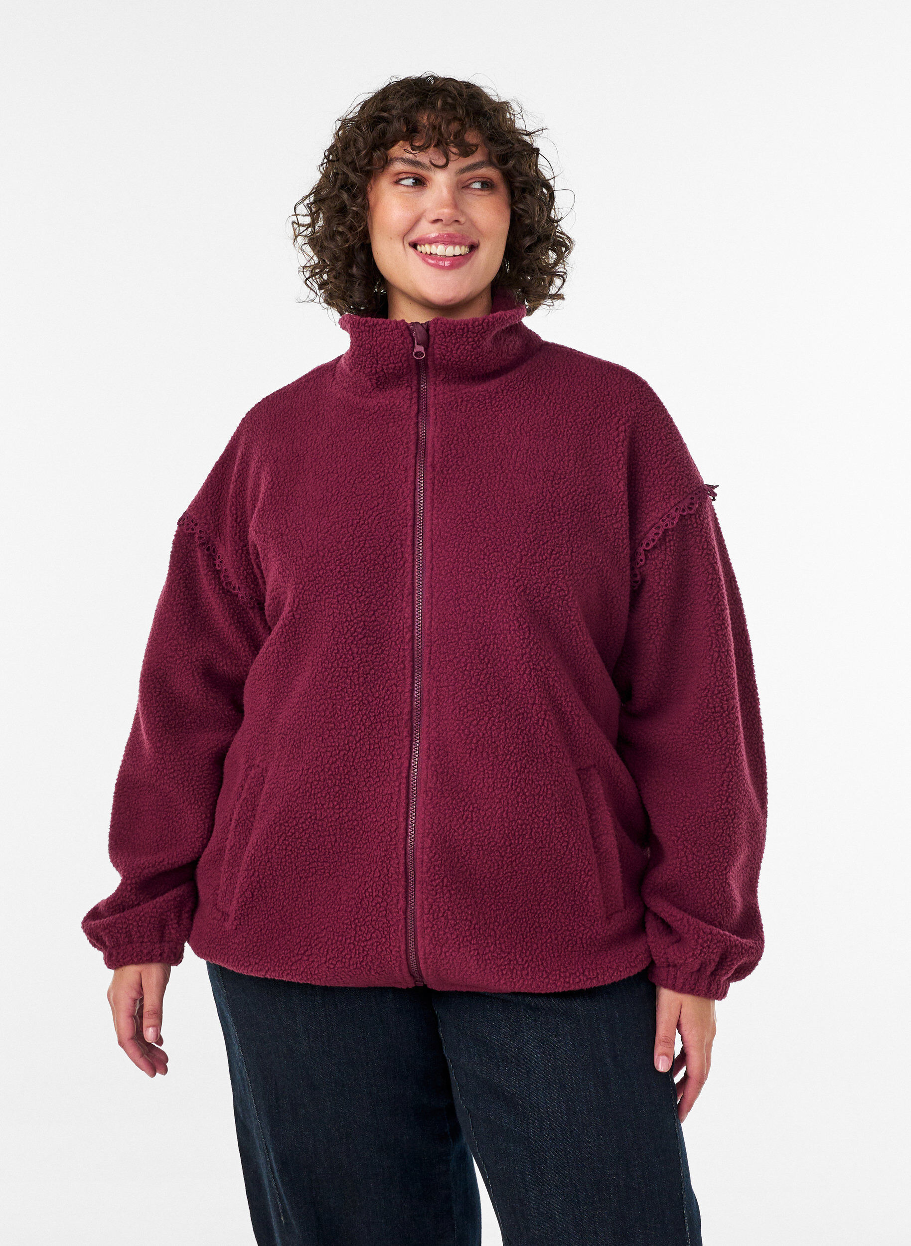 Teddy jacket with eyelet embroidery trim and high collar, Red, Model