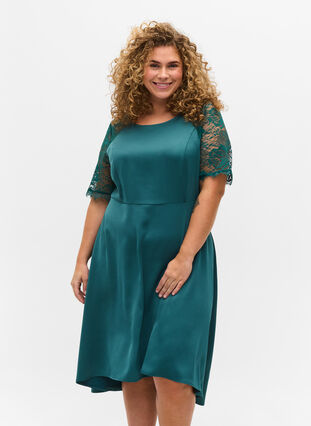 Midi dress with short lace sleeves, Deep Teal, Model image number 0